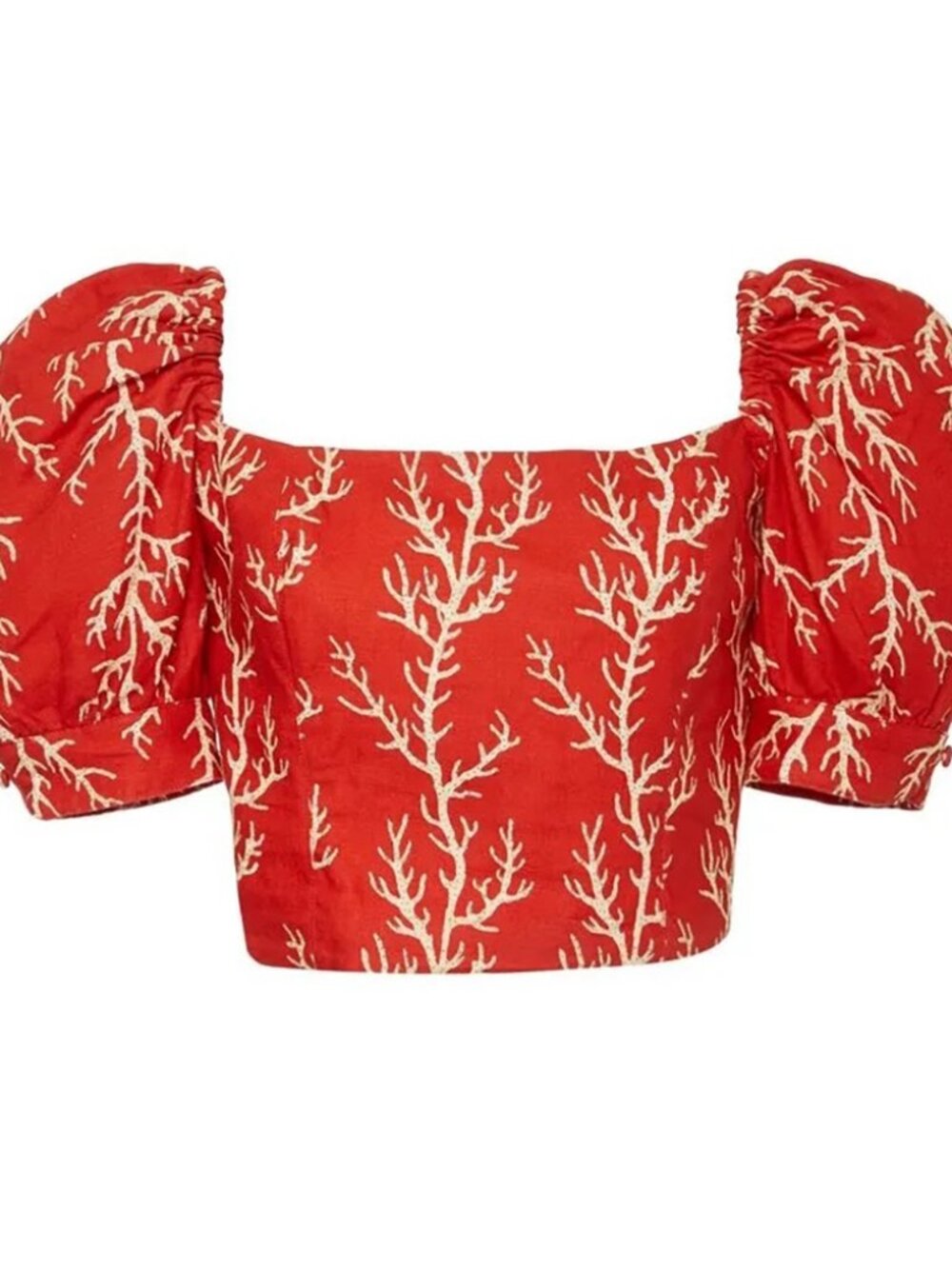 Agua Bendita Bolivar Arrecife Coral Print Crop Top Red Linen Floral Smocked S